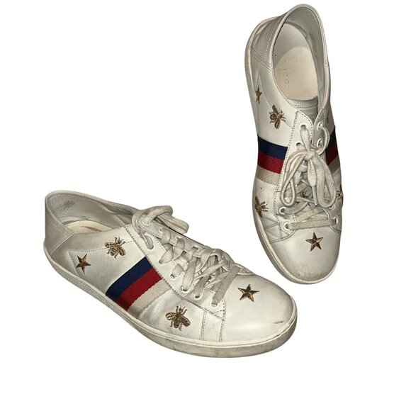 gucci classic embroidered gold bees red green stripe sneakers 9 1/2 - Picture 1 of 10